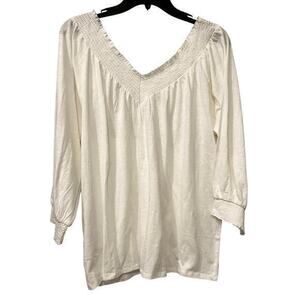 Maurices Woman’s White V Neck Boho Cottagecore Smocked White Knit Blouse Size XL